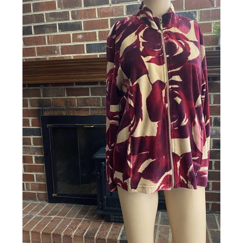 Alfred Dunner‎ Vintage Womens Velour Feel Rose Design Jacket Multi Size 10P Zip